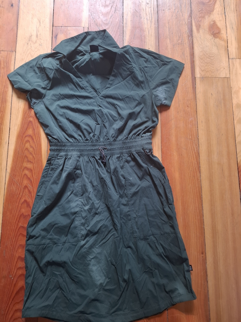 REI Olive Green Short-Sleeve Gathered Waist Dress
